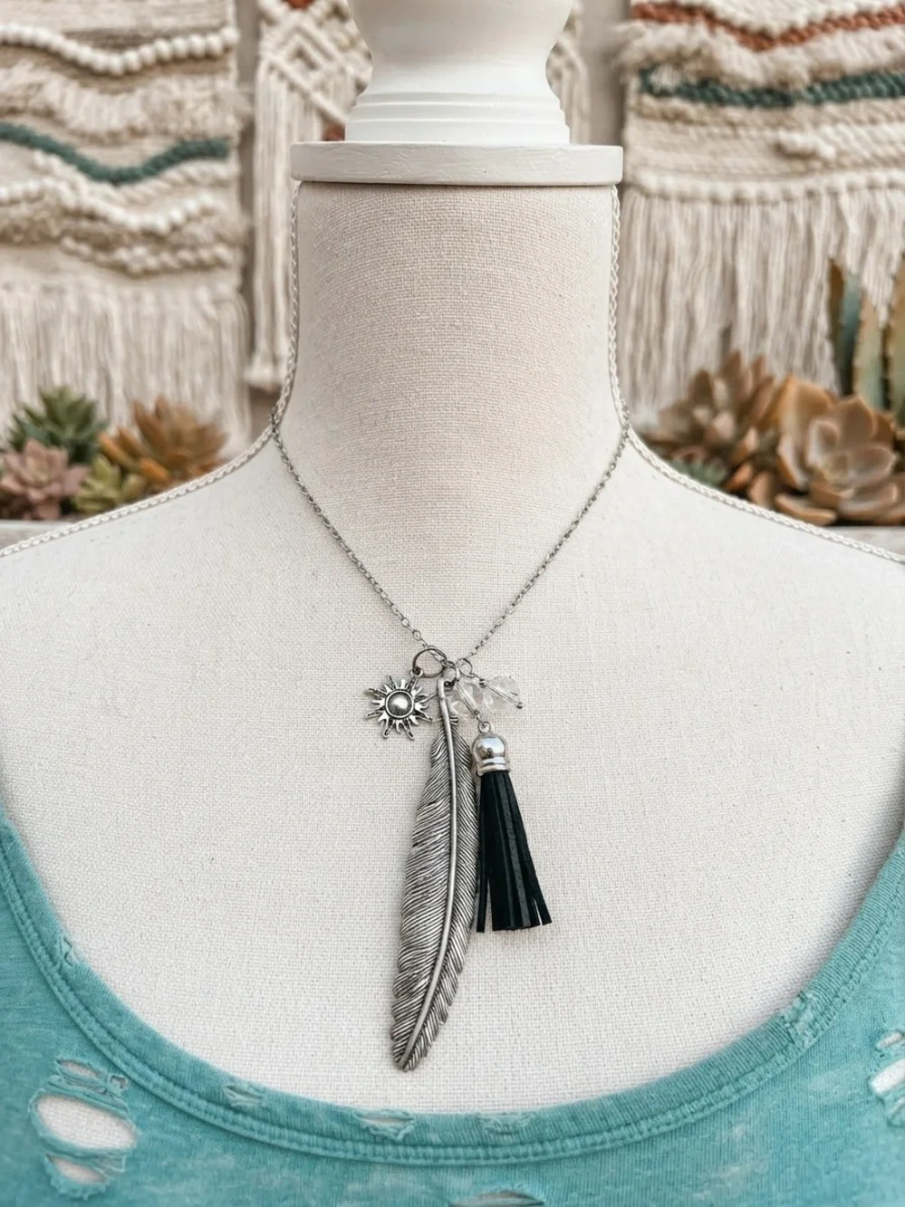 Boho Silver Tone Feather Sun Crystal Faceted Black Tassel Long Necklace